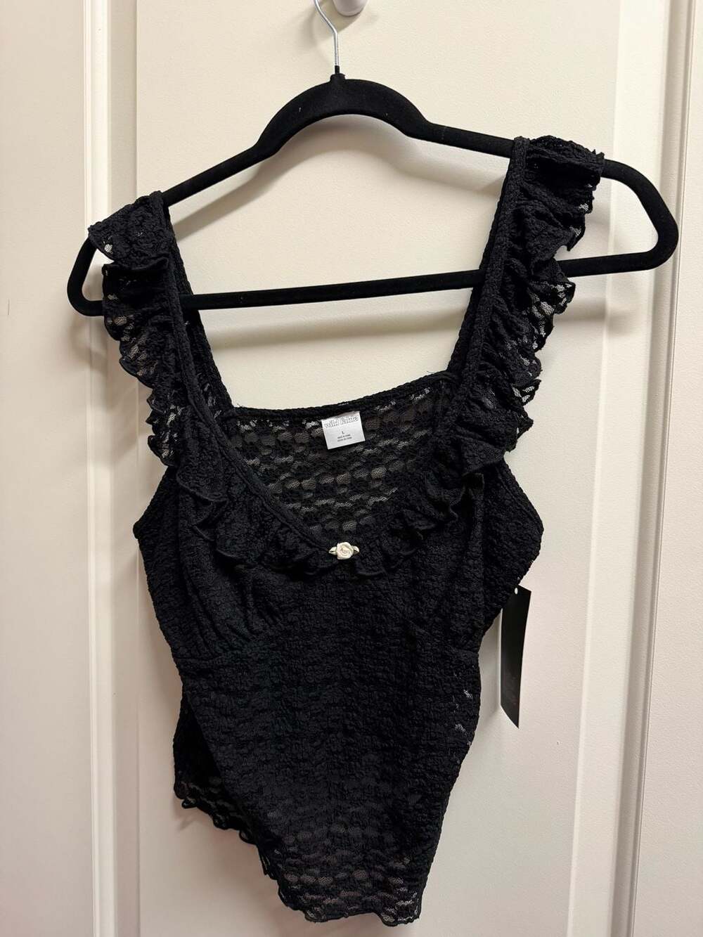 Wild Fable Black Lace Ruffle Tank Top with Floral Rose Detail